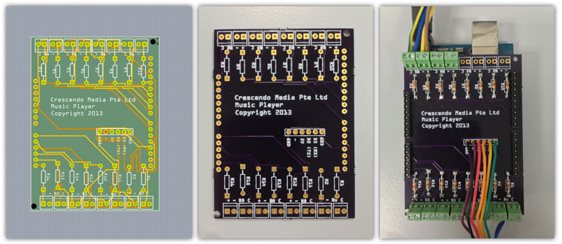 PCB Design view, printed PCB and printed PCB with parts